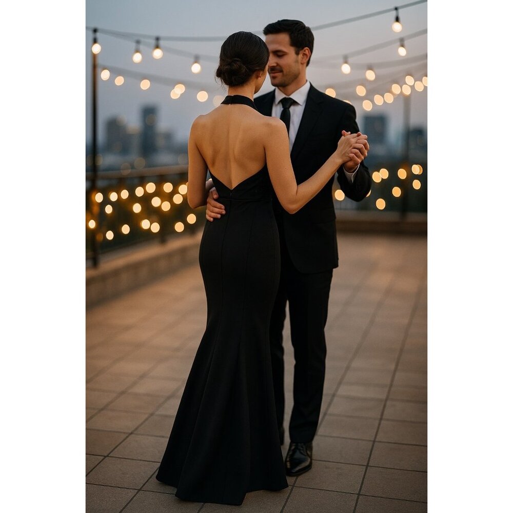 Miss Max Black Halter Evening Gown with Floral Appliqué Size 44 L - Picture 5 of 16